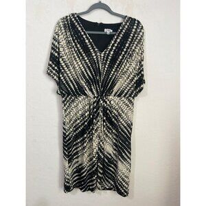 Chicos Sz 2 (US L US 12) Midi Dress Cinched Waist Beautiful Cream and Black Prin